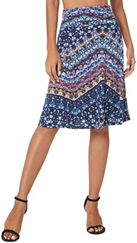 Ruched High Waist Knee Length Jersey A-Line Stretchy Flared Casual Skirt, Print #15