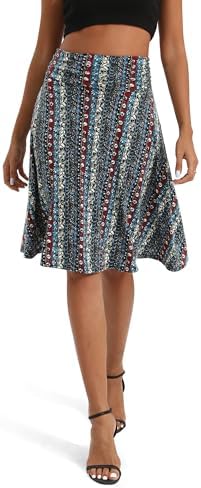 Ruched High Waist Knee Length Jersey A-Line Stretchy Flared Casual Skirt, Print #16