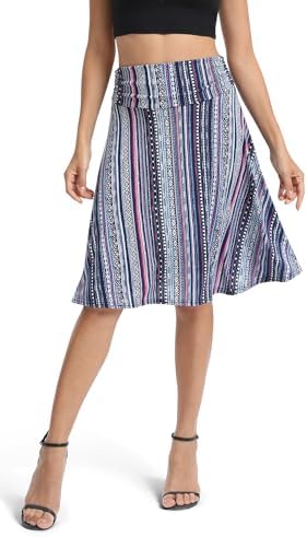 Ruched High Waist Knee Length Jersey A-Line Stretchy Flared Casual Skirt, Print #17