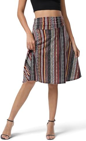 Ruched High Waist Knee Length Jersey A-Line Stretchy Flared Casual Skirt, Print #18