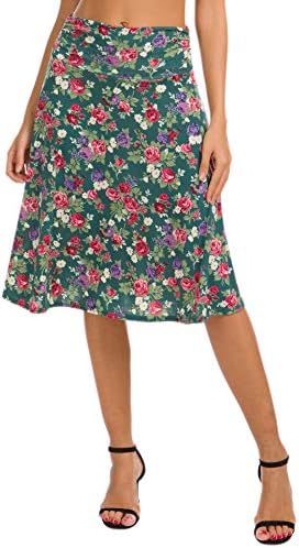 Ruched High Waist Knee Length Jersey A-Line Stretchy Flared Casual Skirt, Print #2