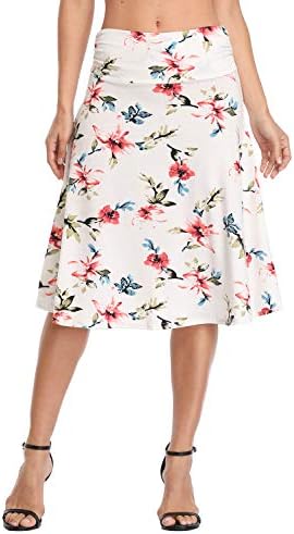 Ruched High Waist Knee Length Jersey A-Line Stretchy Flared Casual Skirt, Print #3