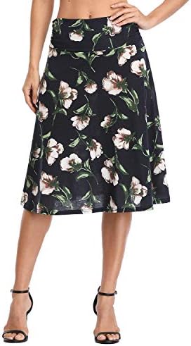 Ruched High Waist Knee Length Jersey A-Line Stretchy Flared Casual Skirt, Print #4