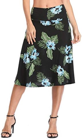 Ruched High Waist Knee Length Jersey A-Line Stretchy Flared Casual Skirt, Print #5