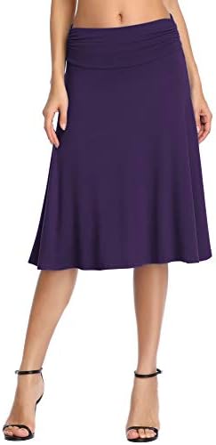 Ruched High Waist Knee Length Jersey A-Line Stretchy Flared Casual Skirt, Purple
