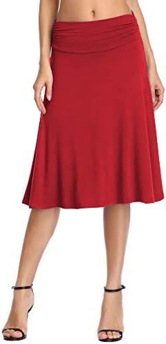 Ruched High Waist Knee Length Jersey A-Line Stretchy Flared Casual Skirt, Red