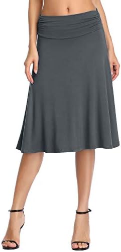 Ruched High Waist Knee Length Jersey A-Line Stretchy Flared Casual Skirt, Slate