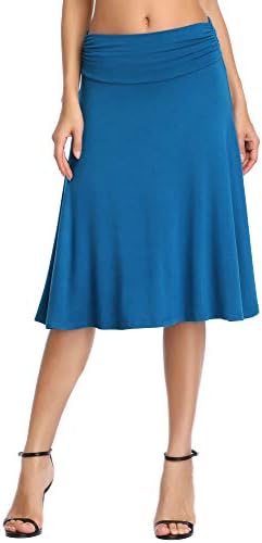 Ruched High Waist Knee Length Jersey A-Line Stretchy Flared Casual Skirt, Steel Blue