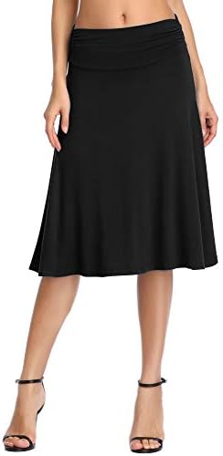 Ruched High Waist Knee Length Jersey A-Line Stretchy Flared Casual Skirt