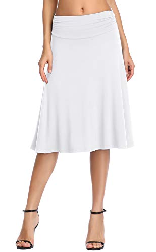Ruched High Waist Knee Length Jersey A-Line Stretchy Flared Casual Skirt, White