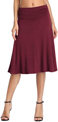 Ruched High Waist Knee Length Jersey A-Line Stretchy Flared Casual Skirt, Wine Red