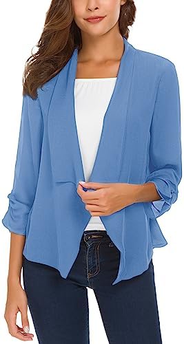 Ruched Sleeve Lightweight Thin Chiffon Blazer, Blue