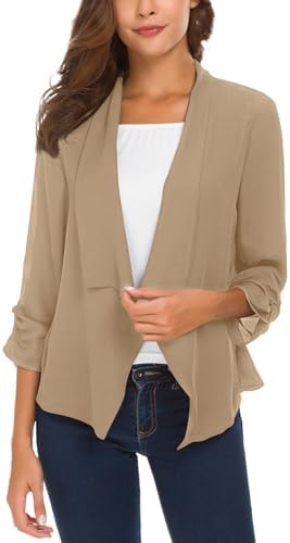 Ruched Sleeve Lightweight Thin Chiffon Blazer, Camel
