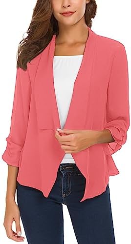 Ruched Sleeve Lightweight Thin Chiffon Blazer, Coral