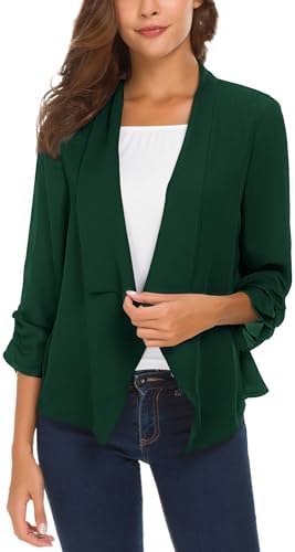 Ruched Sleeve Lightweight Thin Chiffon Blazer, Dark Green