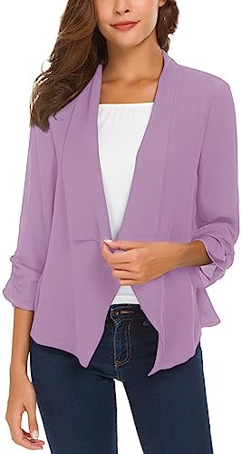 Ruched Sleeve Lightweight Thin Chiffon Blazer, Lavender