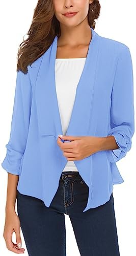 Ruched Sleeve Lightweight Thin Chiffon Blazer, Light Blue