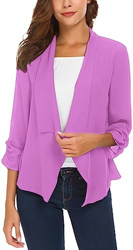 Ruched Sleeve Lightweight Thin Chiffon Blazer, Lilac Rose