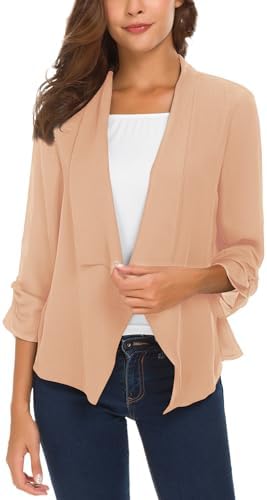 Ruched Sleeve Lightweight Thin Chiffon Blazer, Milky Brown