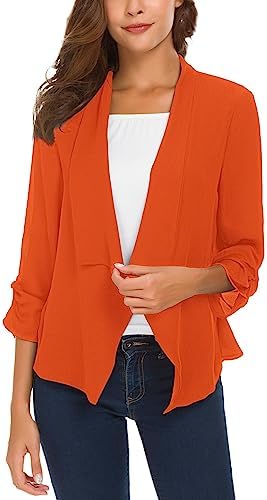 Ruched Sleeve Lightweight Thin Chiffon Blazer, Orange
