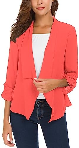 Ruched Sleeve Lightweight Thin Chiffon Blazer, Peach