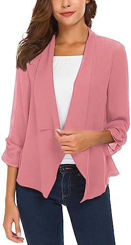 Ruched Sleeve Lightweight Thin Chiffon Blazer, Pink