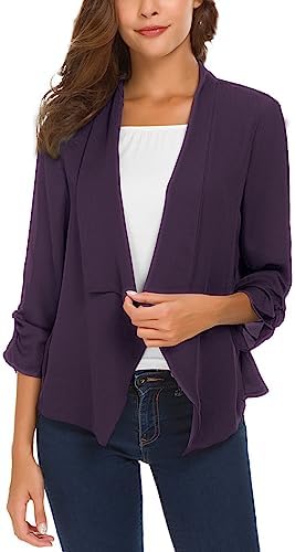 Ruched Sleeve Lightweight Thin Chiffon Blazer, Purple