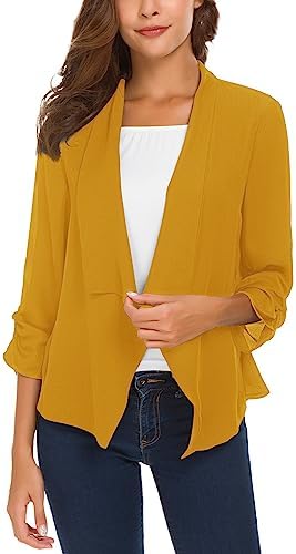 Ruched Sleeve Lightweight Thin Chiffon Blazer, Turmeric