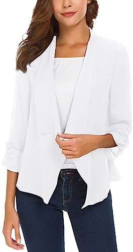 Ruched Sleeve Lightweight Thin Chiffon Blazer, White