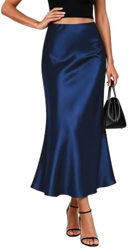 Satin Midi Skirt for Women High Waisted A-Line Silky Skirts