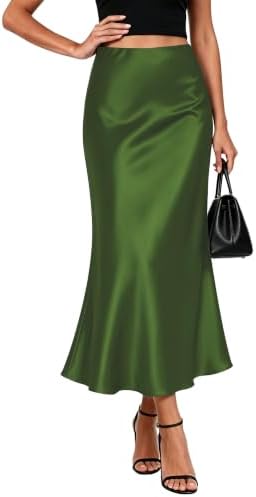 Satin Midi Skirt for Women High Waisted A-Line Silky Skirts, Army Green