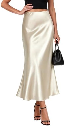 Satin Midi Skirt for Women High Waisted A-Line Silky Skirts, Beige
