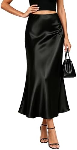 Satin Midi Skirt for Women High Waisted A-Line Silky Skirts, Black