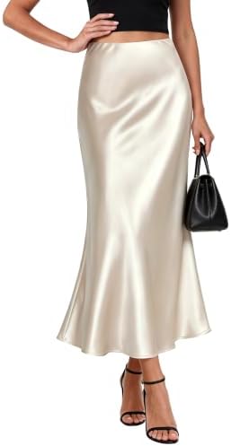Satin Midi Skirt for Women High Waisted A-Line Silky Skirts, Champagne