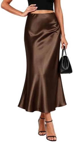 Satin Midi Skirt for Women High Waisted A-Line Silky Skirts, Dark Brown