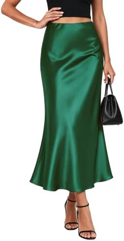 Satin Midi Skirt for Women High Waisted A-Line Silky Skirts, Green