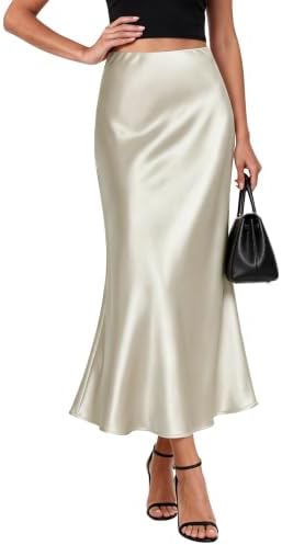 Satin Midi Skirt for Women High Waisted A-Line Silky Skirts, Ivory
