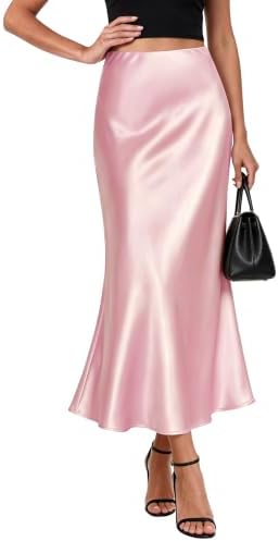 Satin Midi Skirt for Women High Waisted A-Line Silky Skirts, Pink