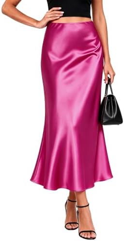 Satin Midi Skirt for Women High Waisted A-Line Silky Skirts, Rose