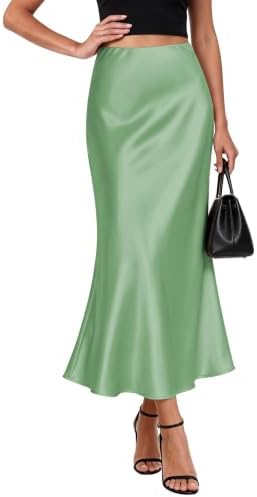 Satin Midi Skirt for Women High Waisted A-Line Silky Skirts, Sage Green