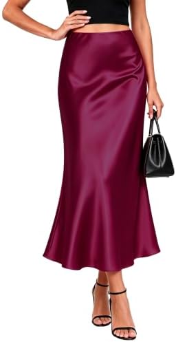Satin Midi Skirt for Women High Waisted A-Line Silky Skirts, Wine Red