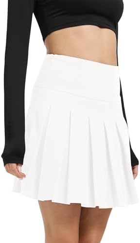 School Uniform Pleated Skirt with Shorts High Waisted Basic Solid Mini Skirts, White