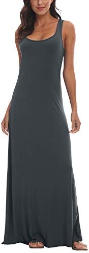 Scoop Neck Solid Sleeveless Summer Beach Tank Top Casual Maxi Dress, Deep Grey