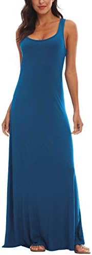 Scoop Neck Solid Sleeveless Summer Beach Tank Top Casual Maxi Dress Ink, Ink Blue