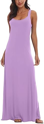 Scoop Neck Solid Sleeveless Summer Beach Tank Top Casual Maxi Dress Lavender, Lavender