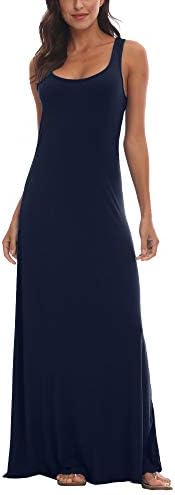 Scoop Neck Solid Sleeveless Summer Beach Tank Top Casual Maxi Dress, Navy Blue