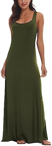 Scoop Neck Solid Sleeveless Summer Beach Tank Top Casual Maxi Dress Olive, Olive