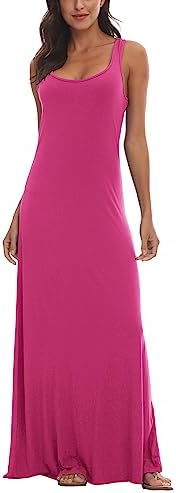 Scoop Neck Solid Sleeveless Summer Beach Tank Top Casual Maxi Dress, Rose