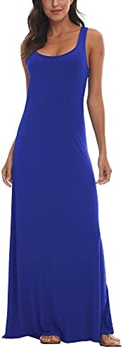 Scoop Neck Solid Sleeveless Summer Beach Tank Top Casual Maxi Dress Royal, Royal Blue