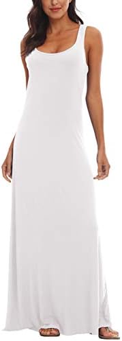 Scoop Neck Solid Sleeveless Summer Beach Tank Top Casual Maxi Dress, White